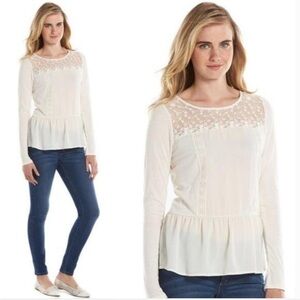 LC LAUREN CONRAD Top Blouse Lace Mesh-Yoke Peplum Long Sleeve Top Size XS